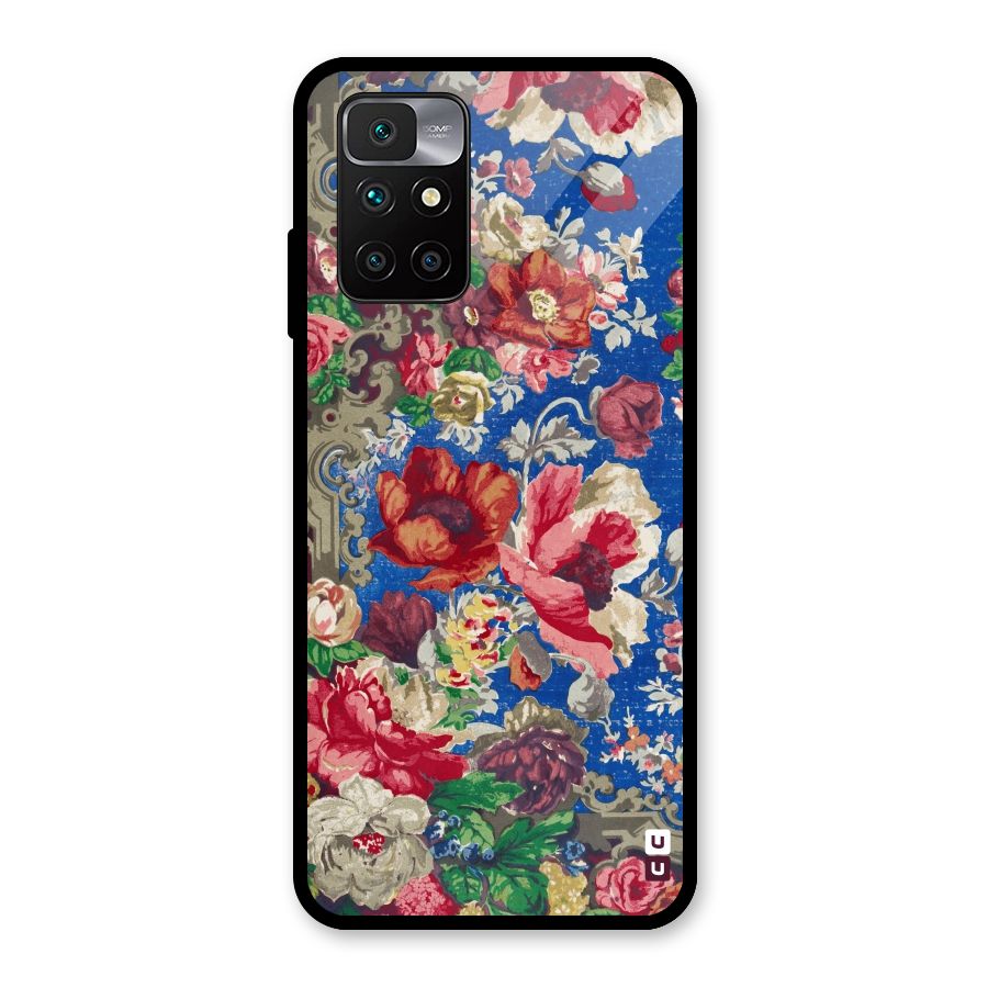 Block Printed Flowers Glass Back Case for Redmi 10 Prime