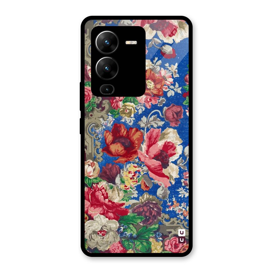 Block Printed Flowers Glass Back Case for Vivo V25 Pro
