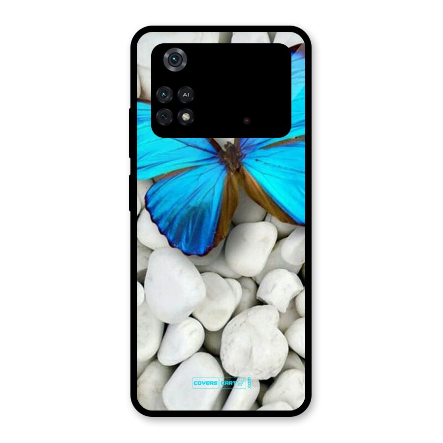 Blue Butterfly Glass Back Case for Poco M4 Pro 4G