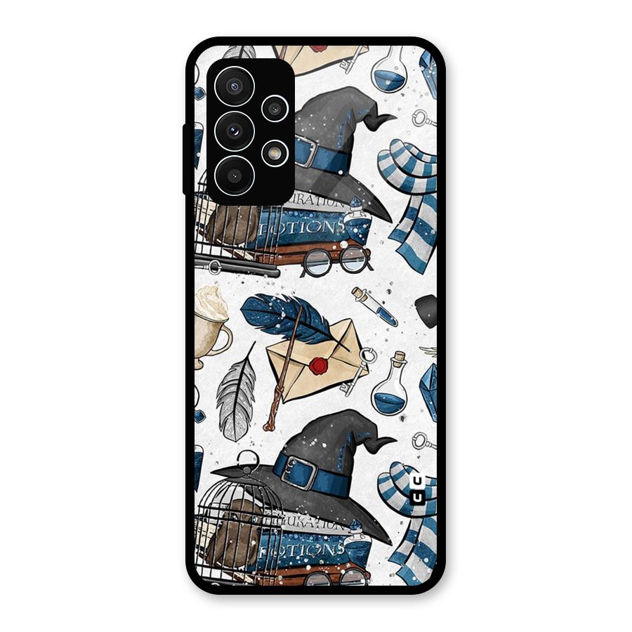 Blue Feather Hat Design Glass Back Case for Galaxy A23