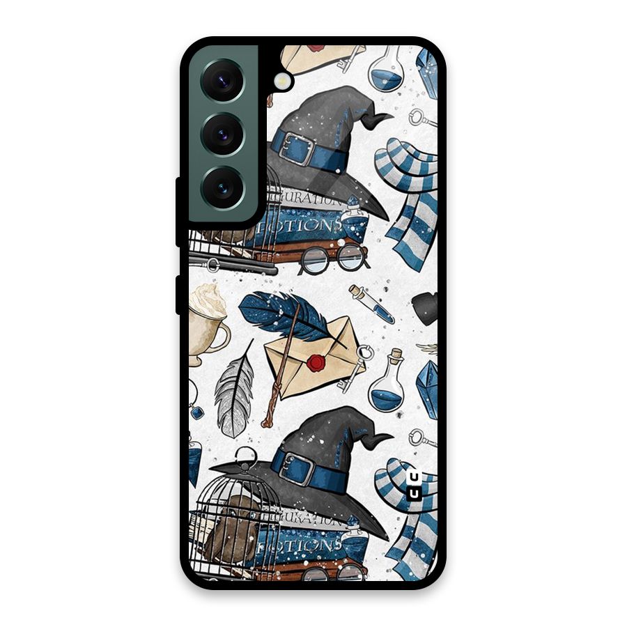 Blue Feather Hat Design Glass Back Case for Galaxy S22 5G