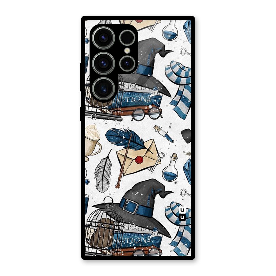 Blue Feather Hat Design Glass Back Case for Galaxy S23 Ultra