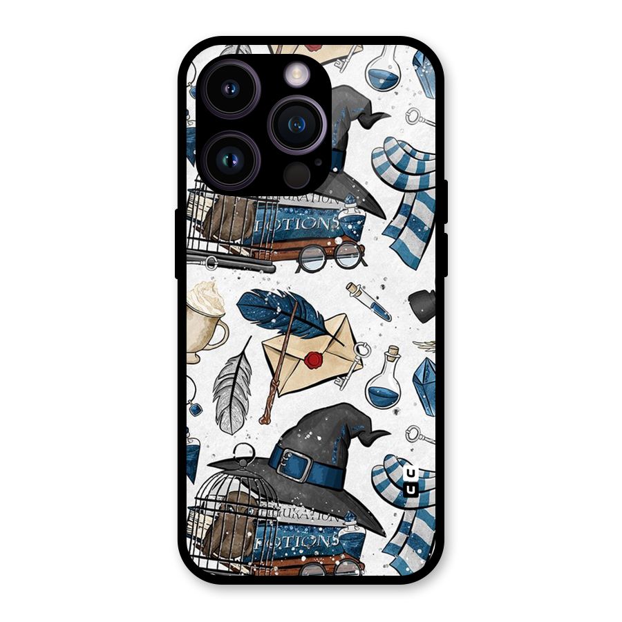 Blue Feather Hat Design Glass Back Case for iPhone 14 Pro