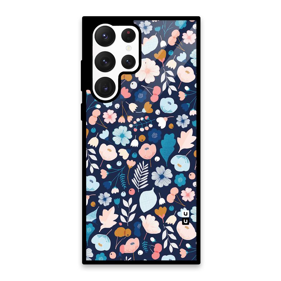 Blue Floral Glass Back Case for Galaxy S22 Ultra 5G