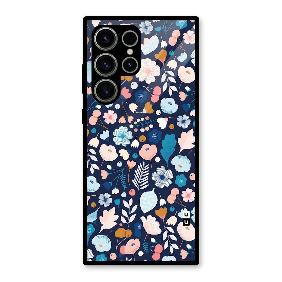 Blue Floral Glass Back Case for Galaxy S23 Ultra