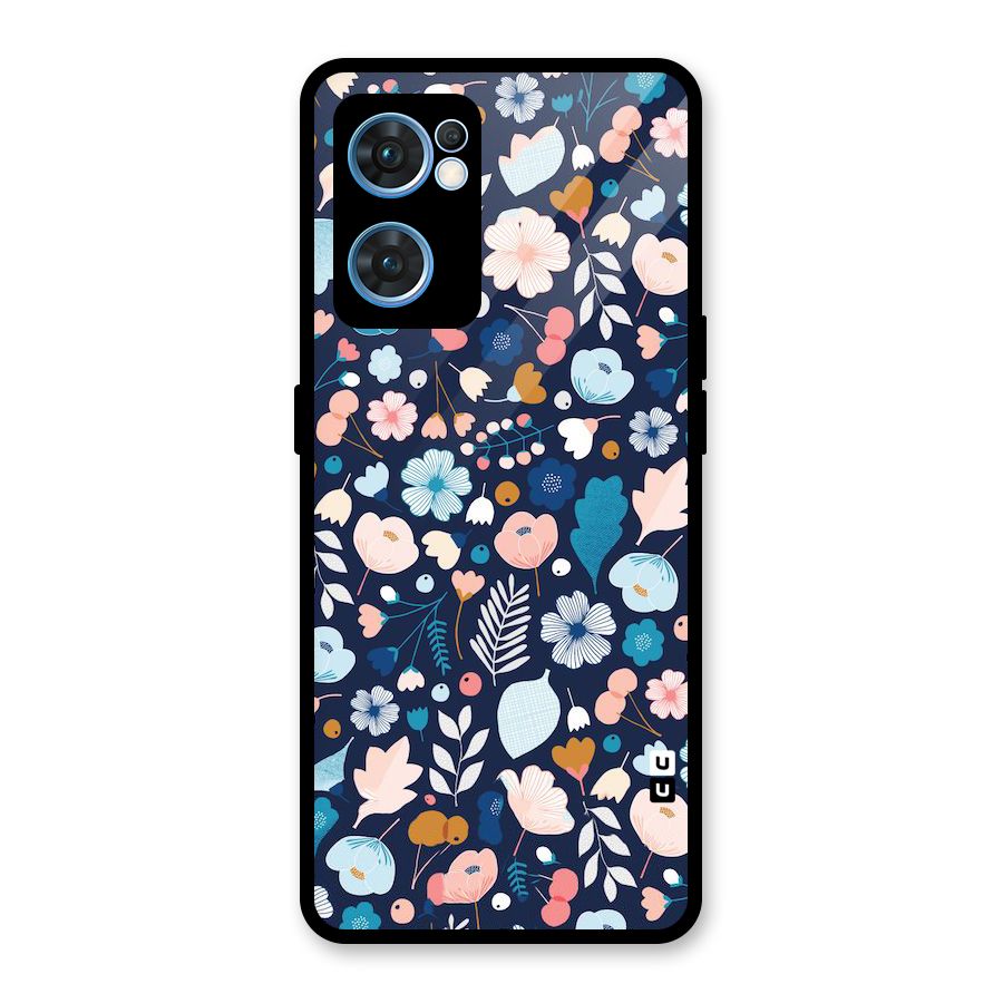 Blue Floral Glass Back Case for Oppo Reno7 5G