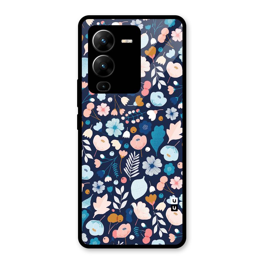 Blue Floral Glass Back Case for Vivo V25 Pro