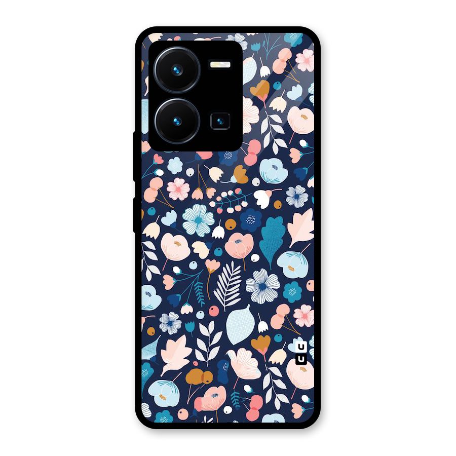 Blue Floral Glass Back Case for Vivo Y35
