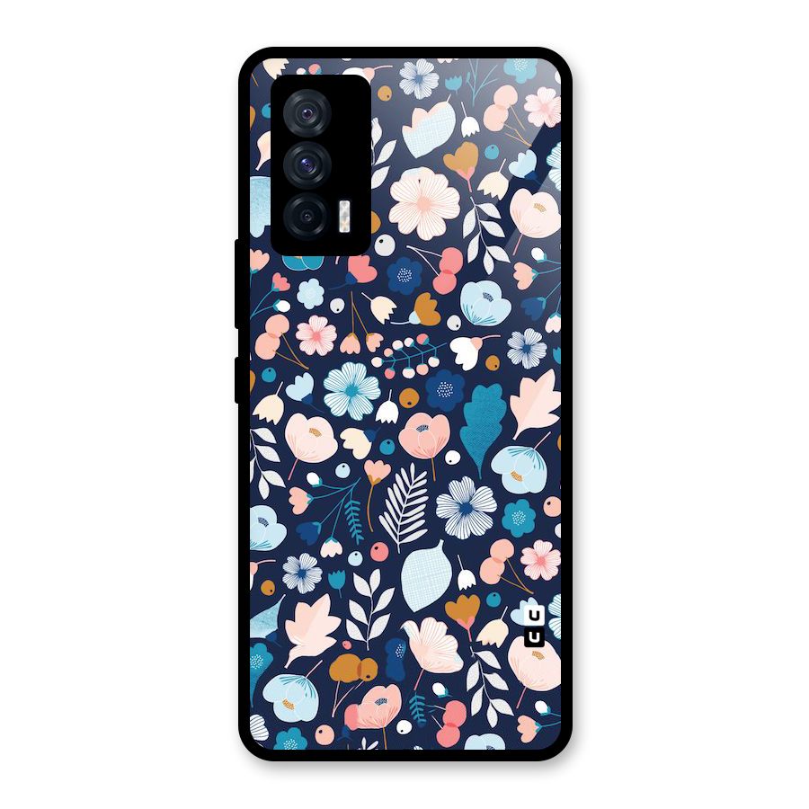 Blue Floral Glass Back Case for Vivo iQOO 7 5G