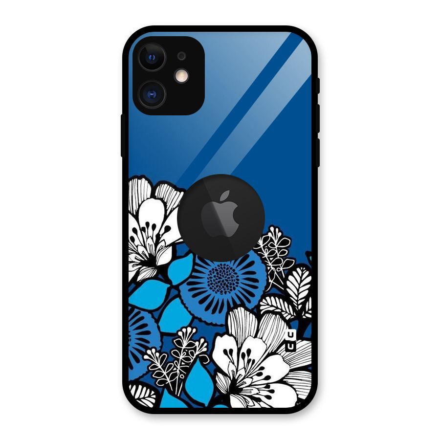 Blue White Flowers Glass Back Case for iPhone 11 Logo Cut