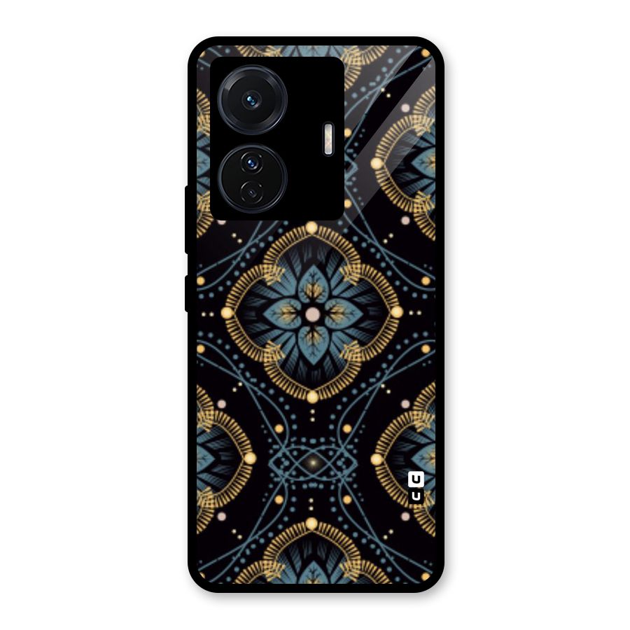 Blue With Black Flower Glass Back Case for Vivo T1 Pro