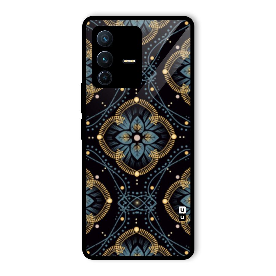 Blue With Black Flower Glass Back Case for Vivo V23 Pro
