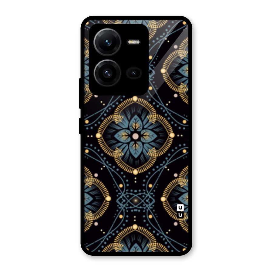 Blue With Black Flower Glass Back Case for Vivo V25