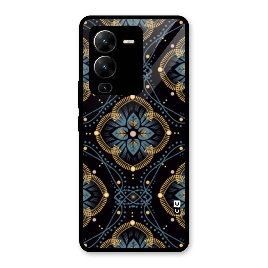 Blue With Black Flower Glass Back Case for Vivo V25 Pro