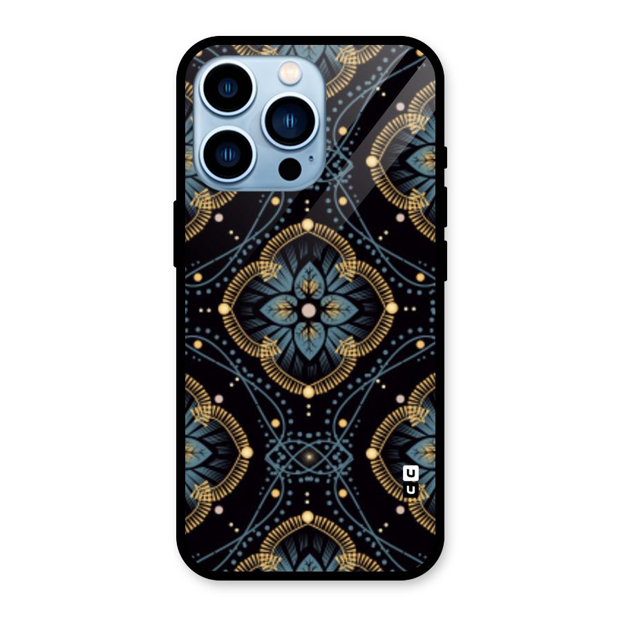 Blue With Black Flower Glass Back Case for iPhone 13 Pro