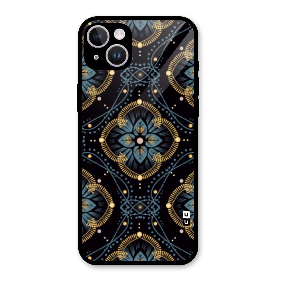 Blue With Black Flower Glass Back Case for iPhone 14 Plus