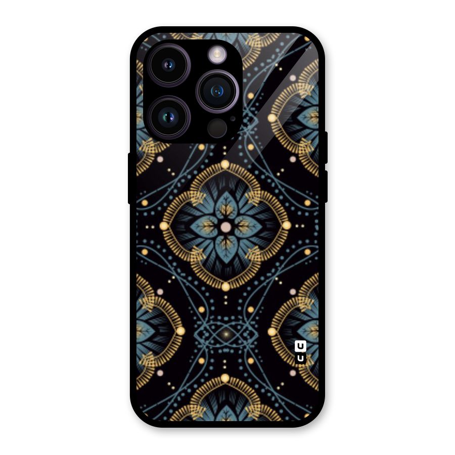 Blue With Black Flower Glass Back Case for iPhone 14 Pro