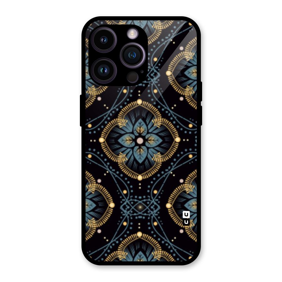 Blue With Black Flower Glass Back Case for iPhone 14 Pro Max