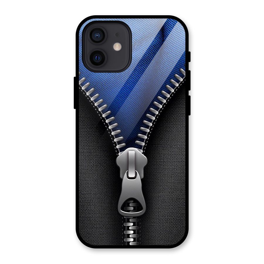 Blue Zipper Glass Back Case for iPhone 12