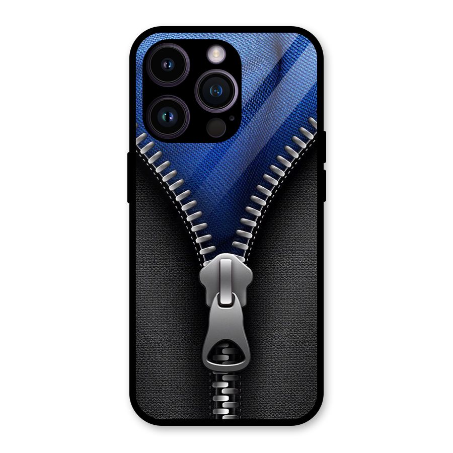 Blue Zipper Glass Back Case for iPhone 14 Pro
