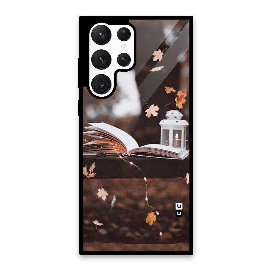 Book and Fall Leaves Glass Back Case for Galaxy S22 Ultra 5G