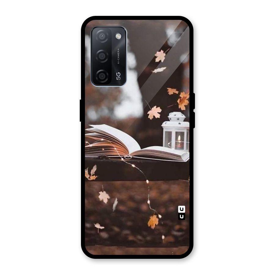 Book and Fall Leaves Glass Back Case for Oppo A53s 5G