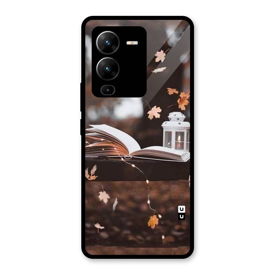 Book and Fall Leaves Glass Back Case for Vivo V25 Pro