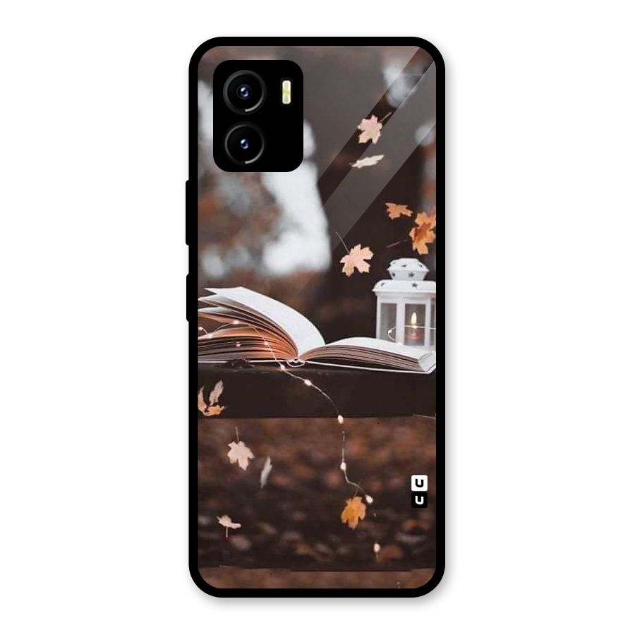 Book and Fall Leaves Glass Back Case for Vivo Y15s