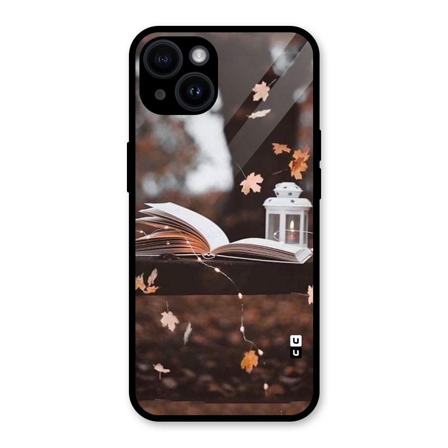 Book and Fall Leaves Glass Back Case for iPhone 14