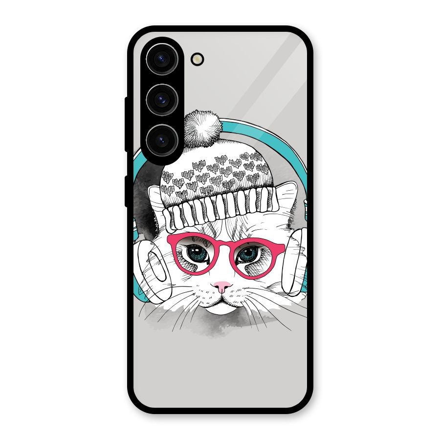 Cat Headphones Glass Back Case for Galaxy S23
