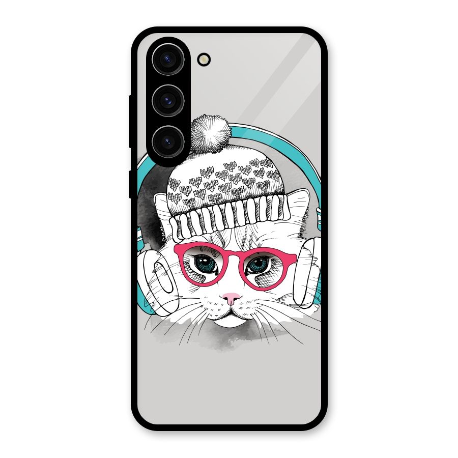 Cat Headphones Glass Back Case for Galaxy S23 Plus