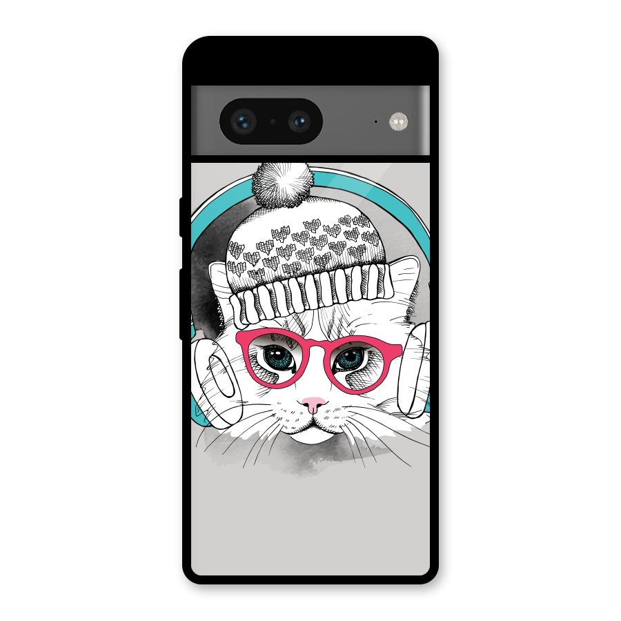 Cat Headphones Glass Back Case for Google Pixel 7