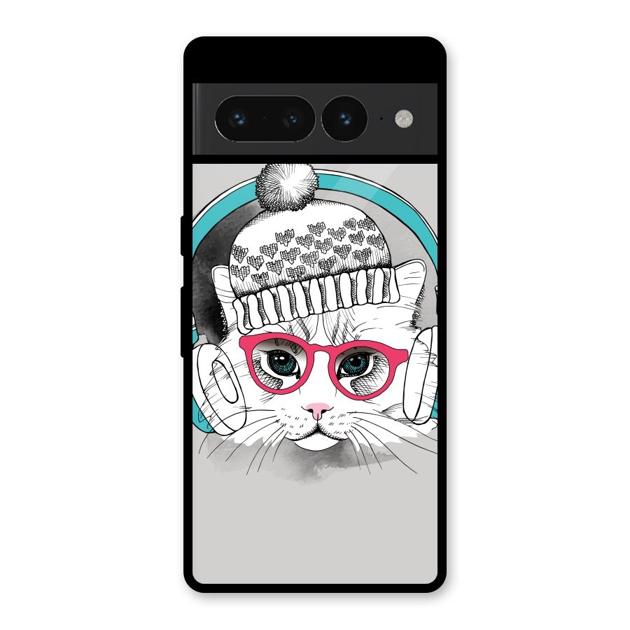 Cat Headphones Glass Back Case for Google Pixel 7 Pro