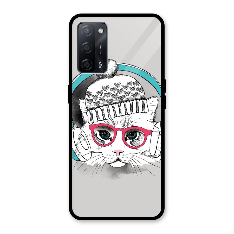 Cat Headphones Glass Back Case for Oppo A53s 5G
