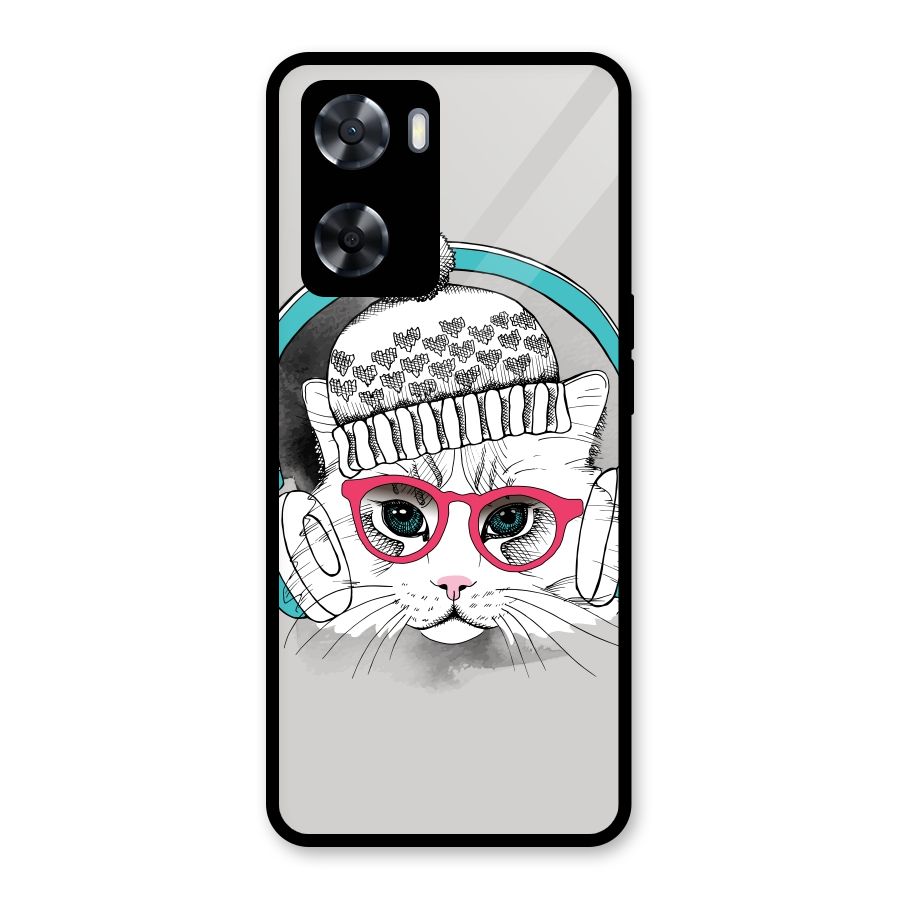 Cat Headphones Glass Back Case for Oppo A57 2022