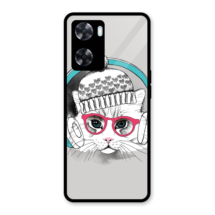 Cat Headphones Glass Back Case for Oppo A77