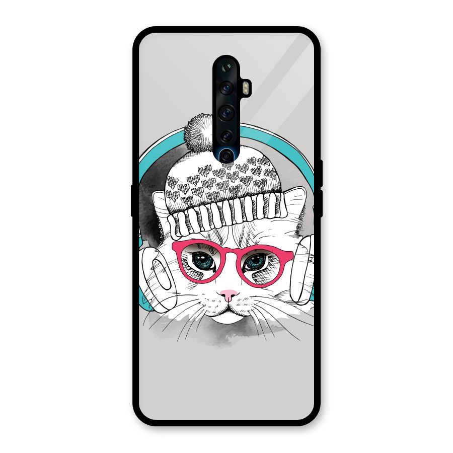 Cat Headphones Glass Back Case for Oppo Reno2 F