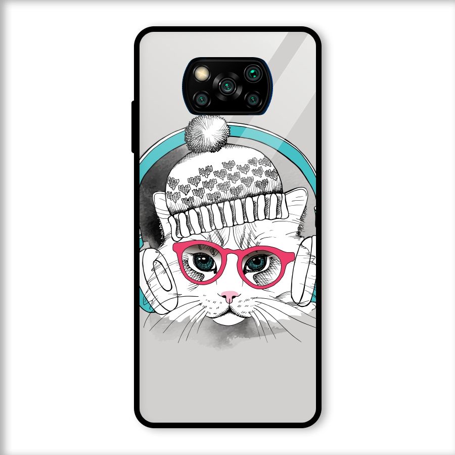 Cat Headphones Glass Back Case for Poco X3
