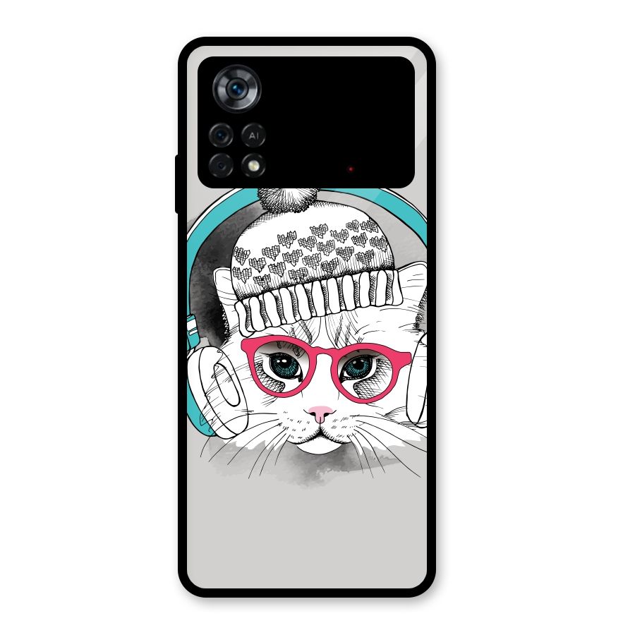 Cat Headphones Glass Back Case for Poco X4 Pro 5G