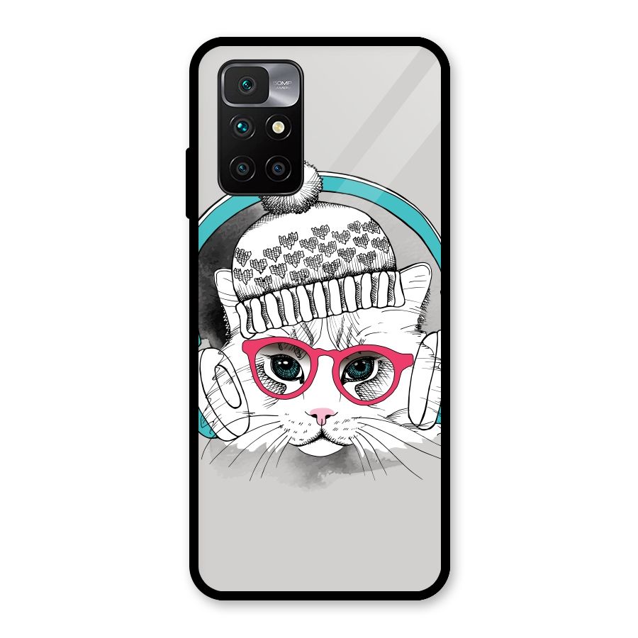 Cat Headphones Glass Back Case for Redmi 10 Prime