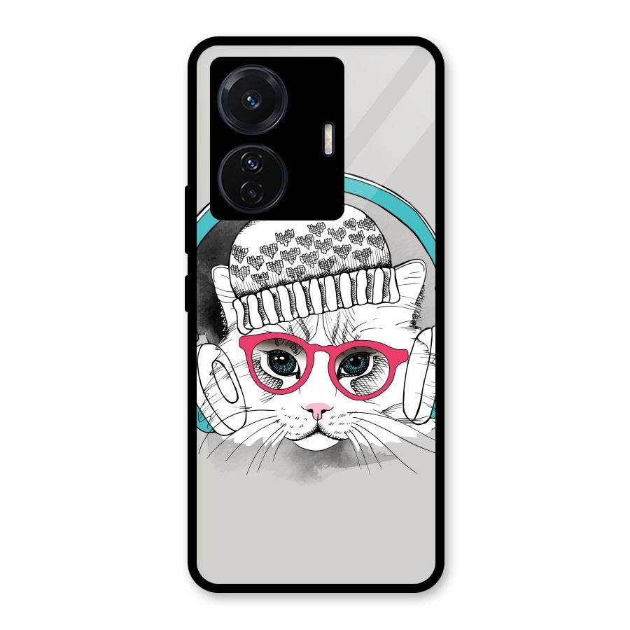 Cat Headphones Glass Back Case for Vivo T1 Pro