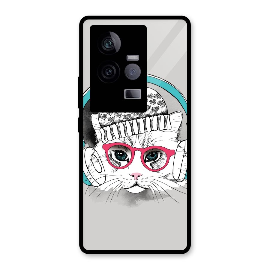 Cat Headphones Glass Back Case for Vivo iQOO 11 5G