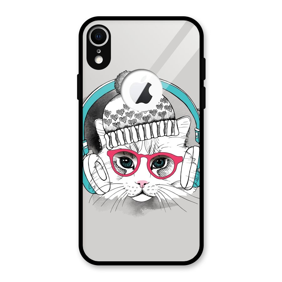 Cat Headphones Glass Back Case for iPhone XR Logo Cut
