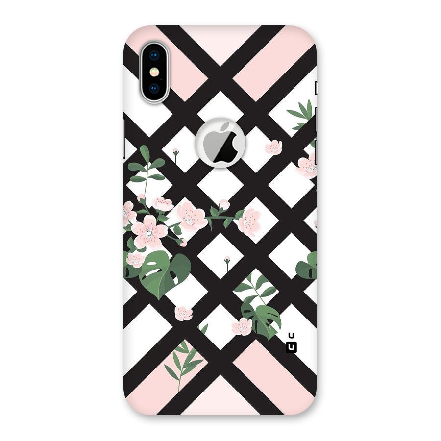 Check Floral Stripes Back Case for iPhone XS Logo Cut