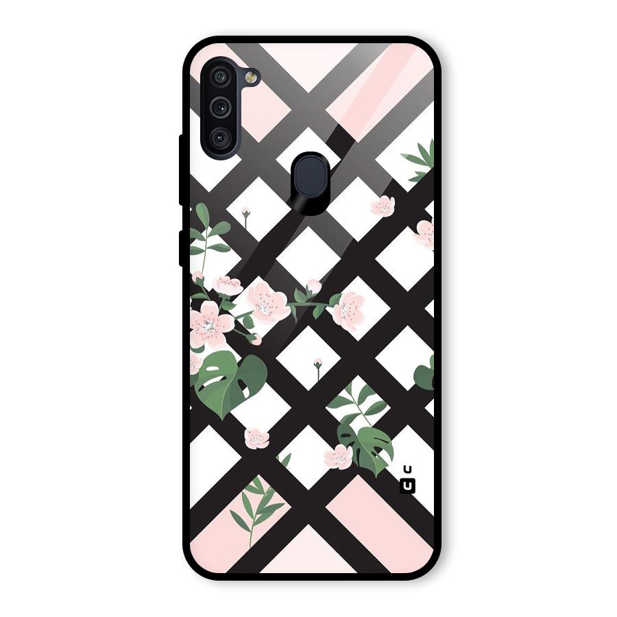 Check Floral Stripes Glass Back Case for Galaxy M11