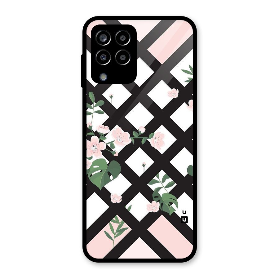 Check Floral Stripes Glass Back Case for Galaxy M33