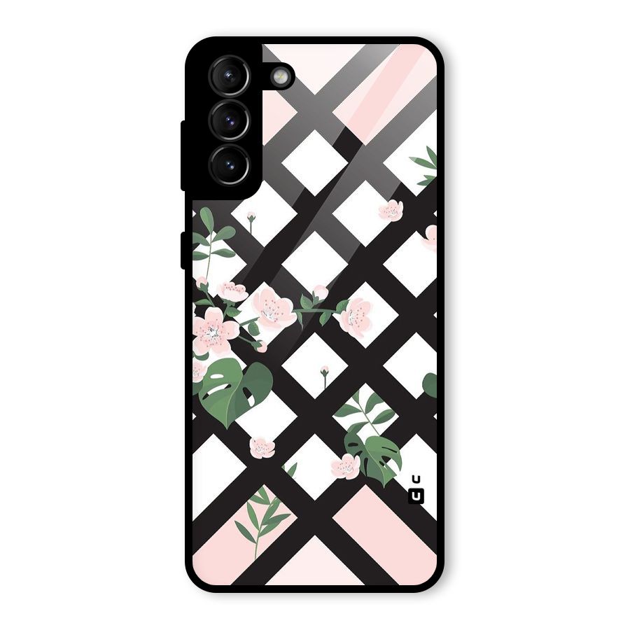 Check Floral Stripes Glass Back Case for Galaxy S21 Plus