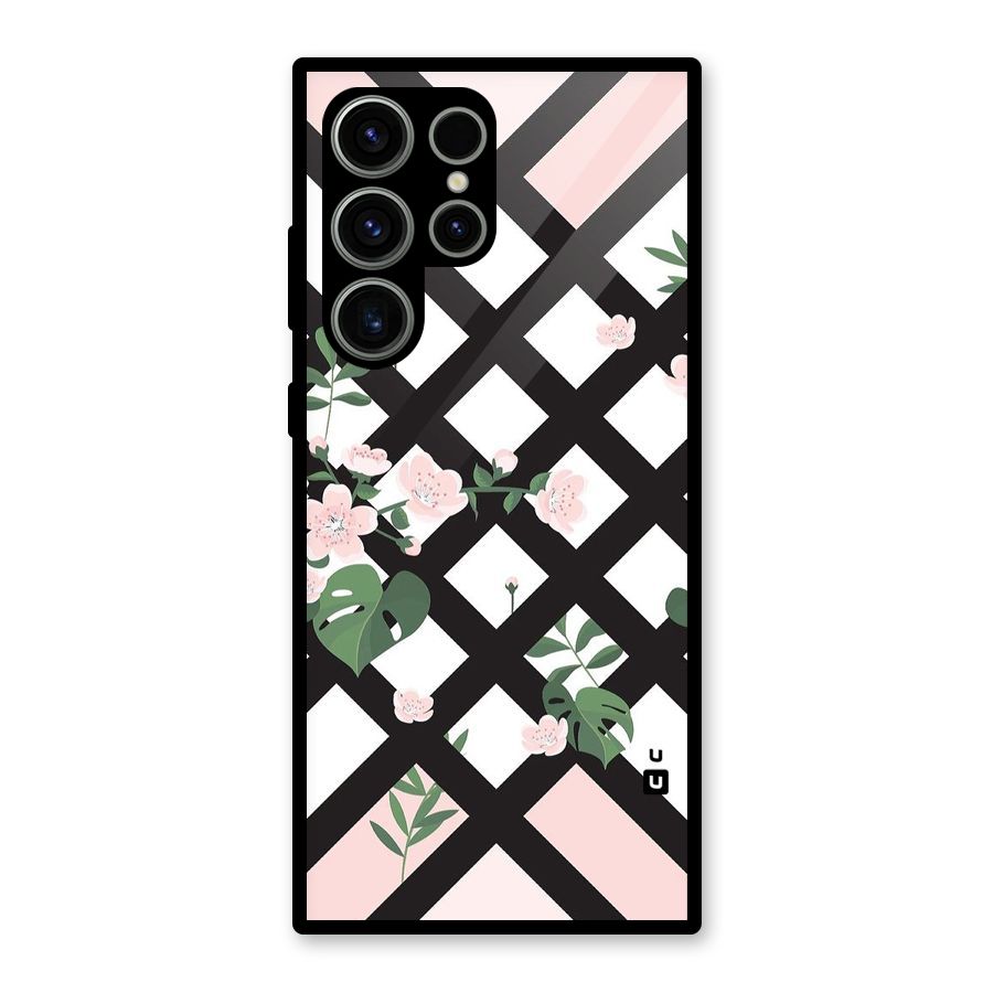 Check Floral Stripes Glass Back Case for Galaxy S23 Ultra