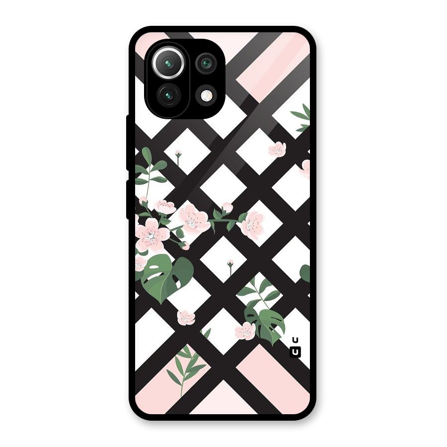 Check Floral Stripes Glass Back Case for Mi 11 Lite