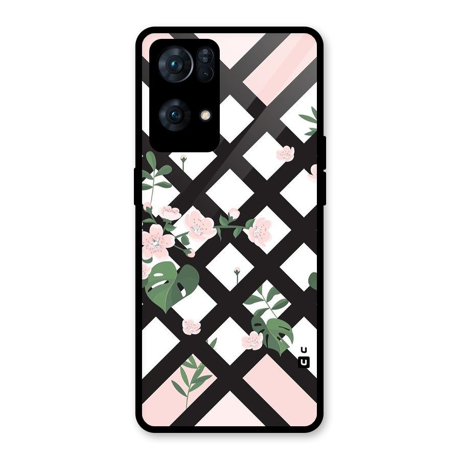 Check Floral Stripes Glass Back Case for Oppo Reno7 Pro 5G